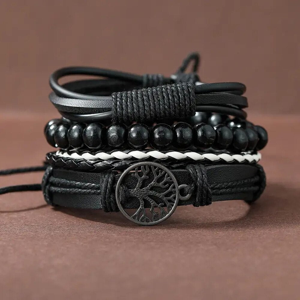 Black Handmade Woven Pu Leather Bracelet For Men