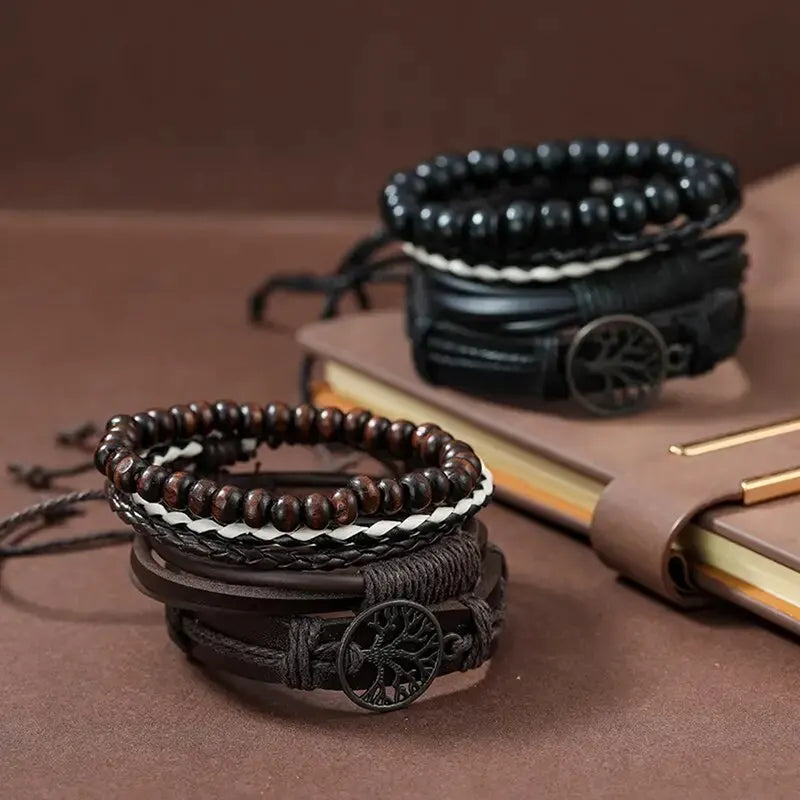 Black Handmade Woven Pu Leather Bracelet For Men